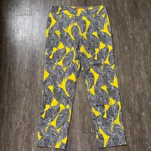 Krazy Larry Pull On Pants 10 Yellow Black Tropical Leaf Print Ankle Stretch